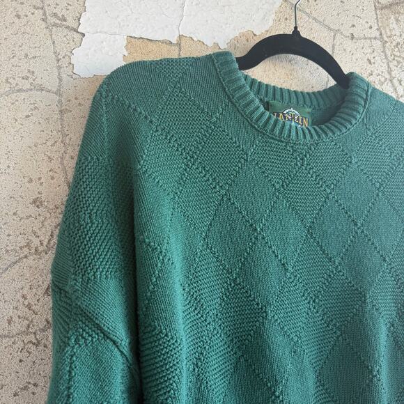Vtg 90s Grandpa Sweater Emerald Green Diamond Textured Knit Crewneck Jantzen XL - Picture 4 of 8